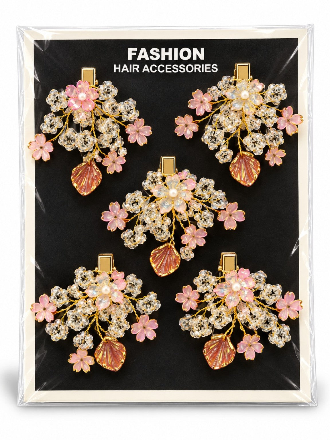 Pink Shell Flower Crystal Hair Clip Set