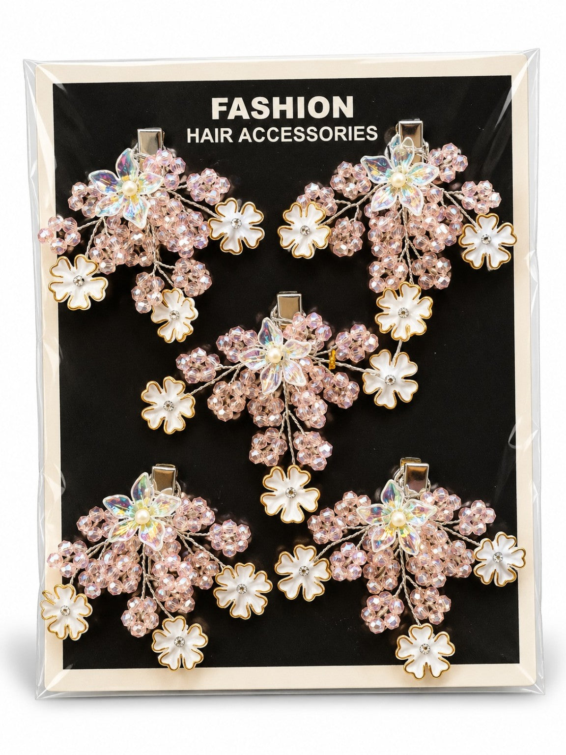Pink Crystal Floral Hair Clip Set