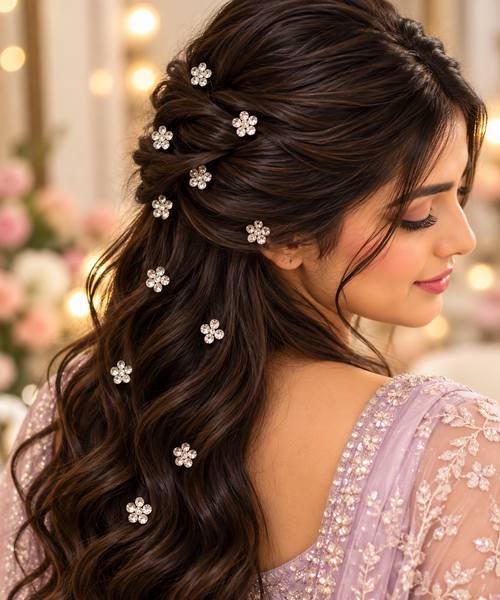 Crystal flower hair stickers styled in an elegant bridal hairstyle