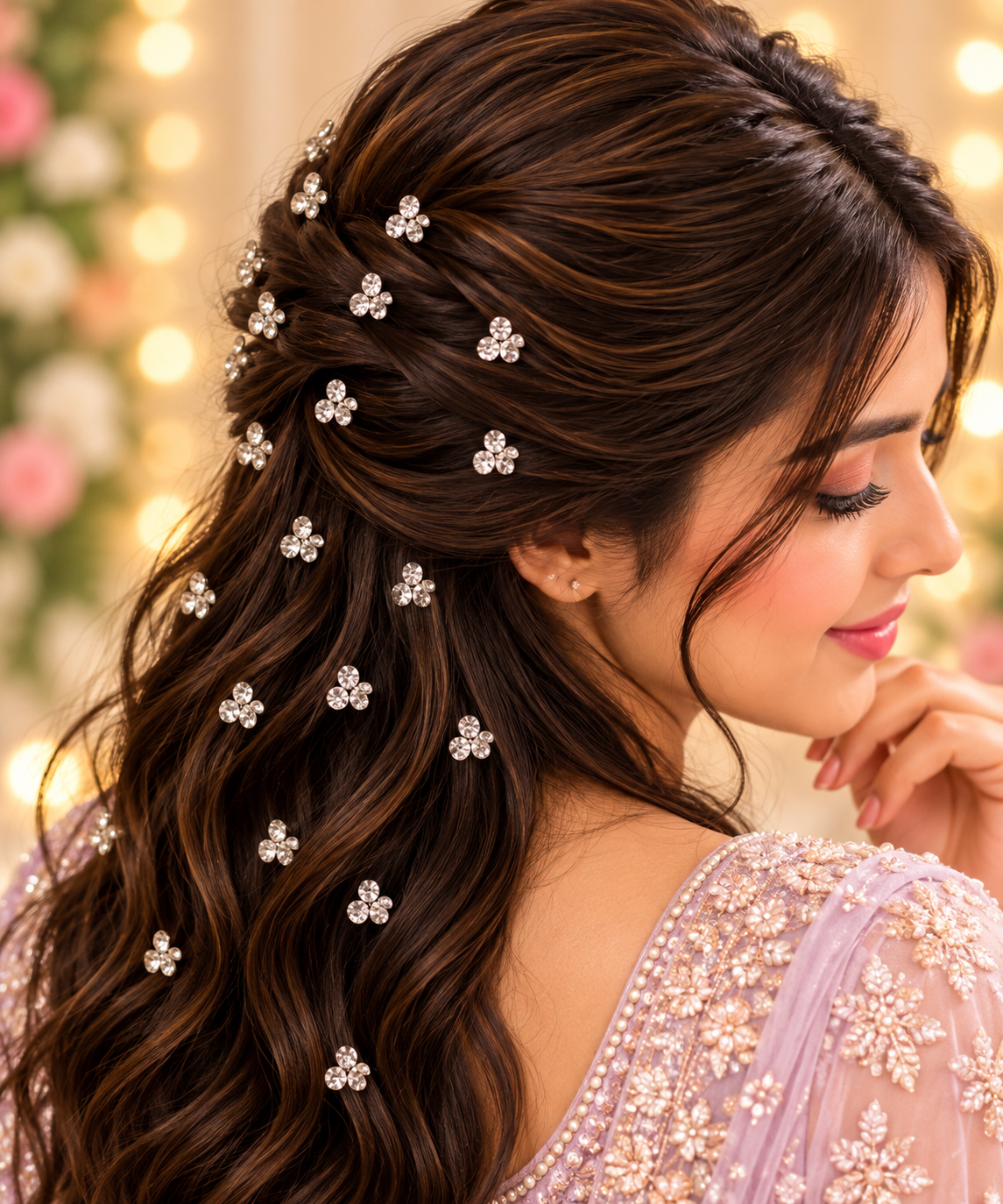 Floral rhinestone hair stickers styled in a bridal hairstyle