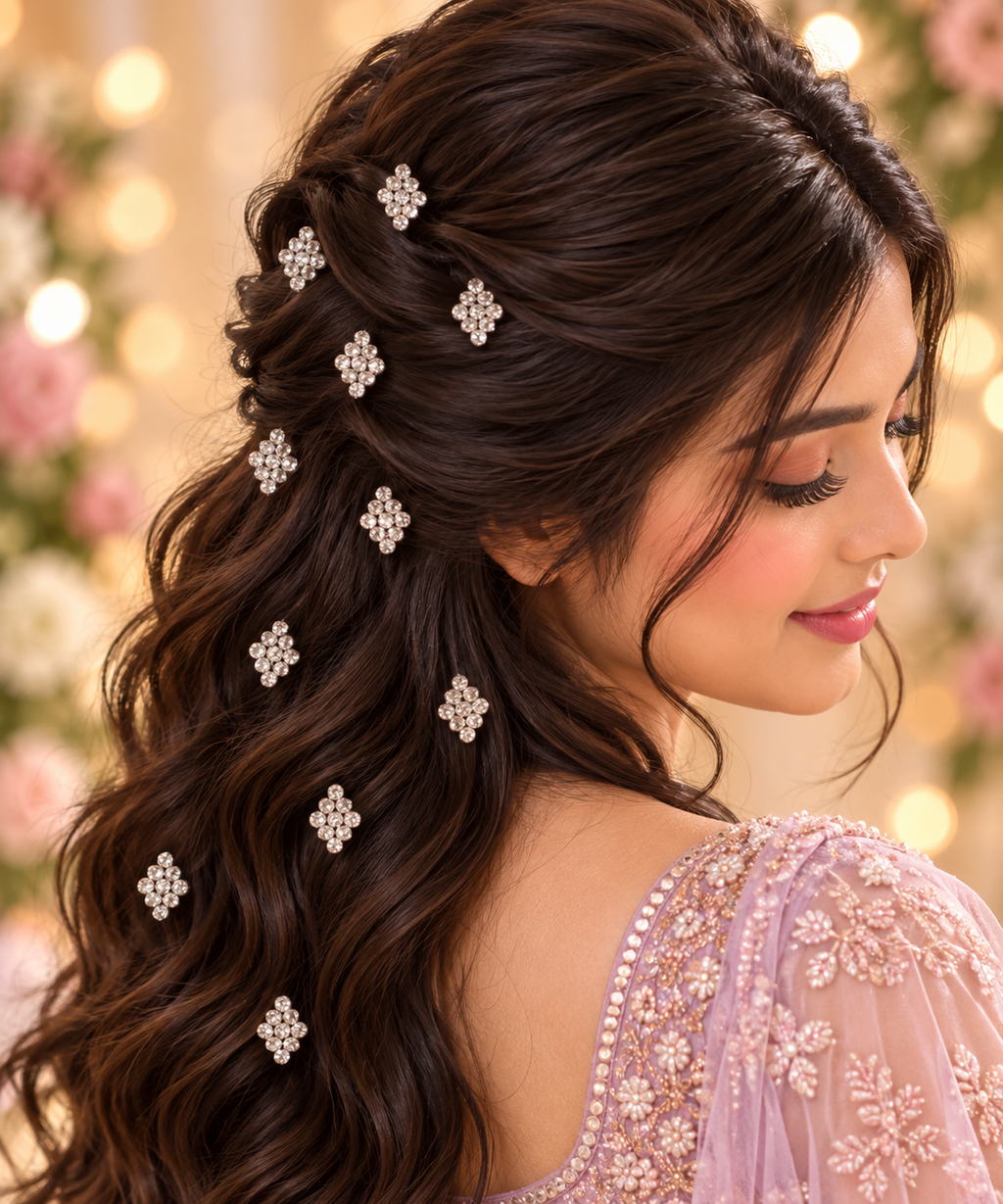 Gold rhinestone cluster hair stickers styled in hair