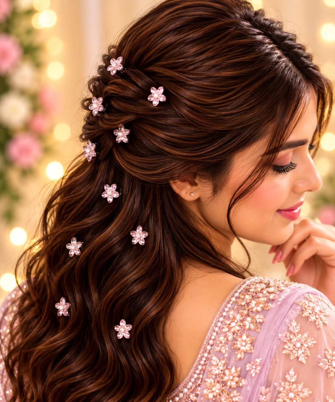 Pink floral hair stickers styled in a romantic bridal hairstyle
