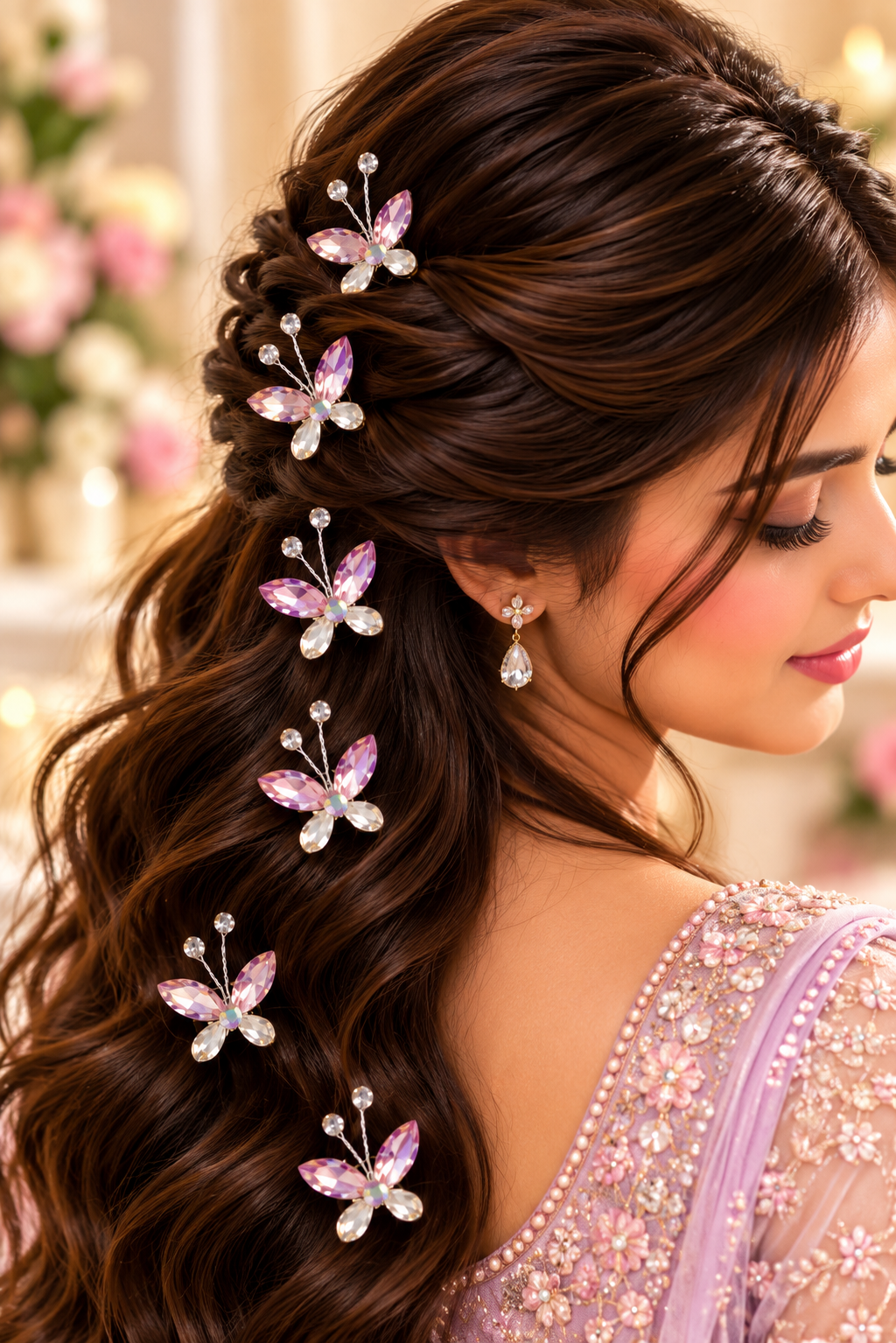 Model wearing pink crystal butterfly hair stickers
