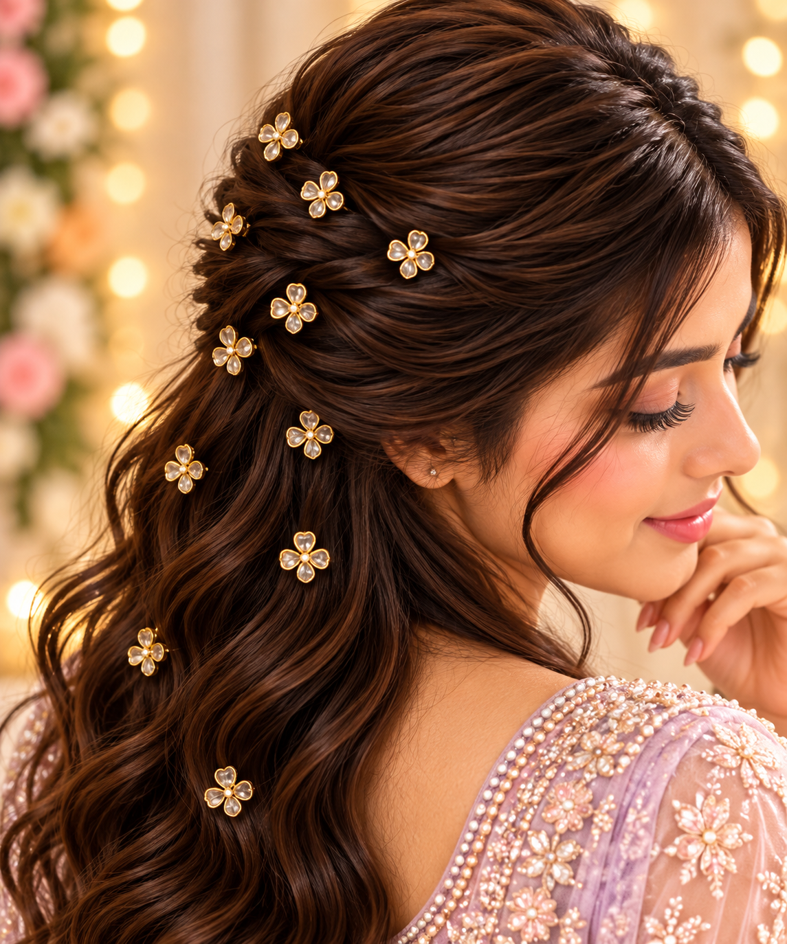 Golden floral butterfly hair embellishments styled in hair
