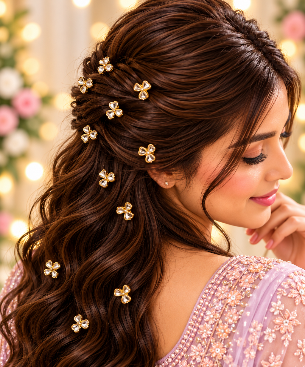 Golden clover hair stickers styled in long hair