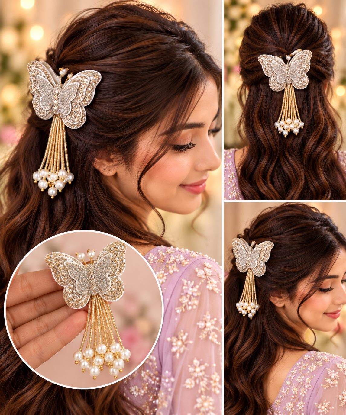 Pearl butterfly tassel hair clip styled in bridal hair