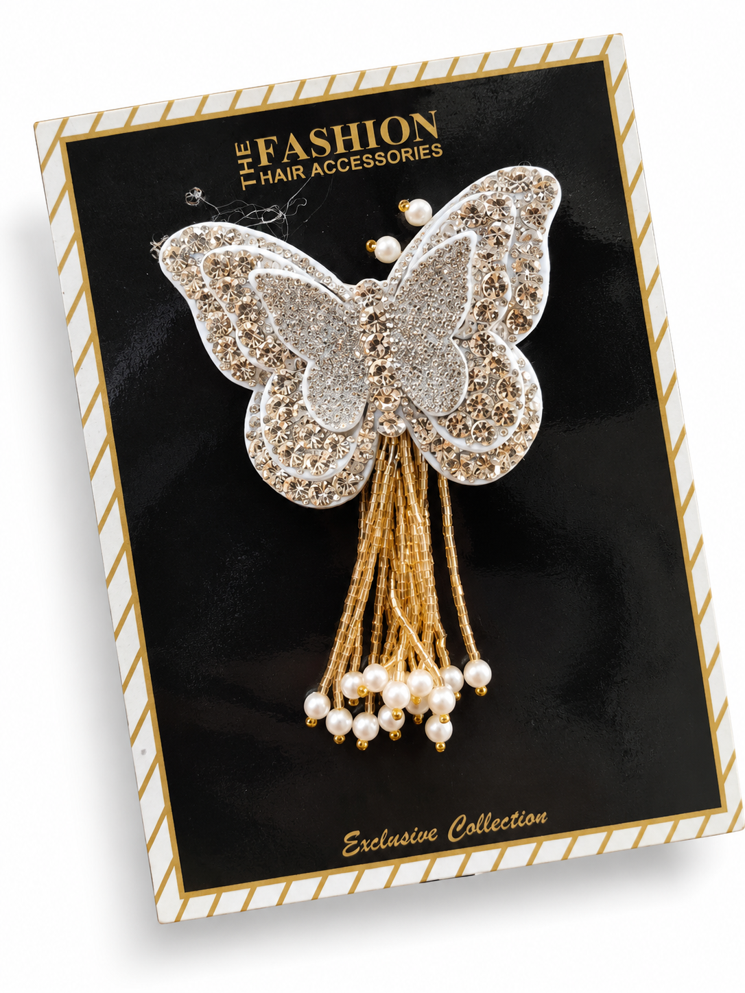 Pearl butterfly tassel hair clip on black and gold display card