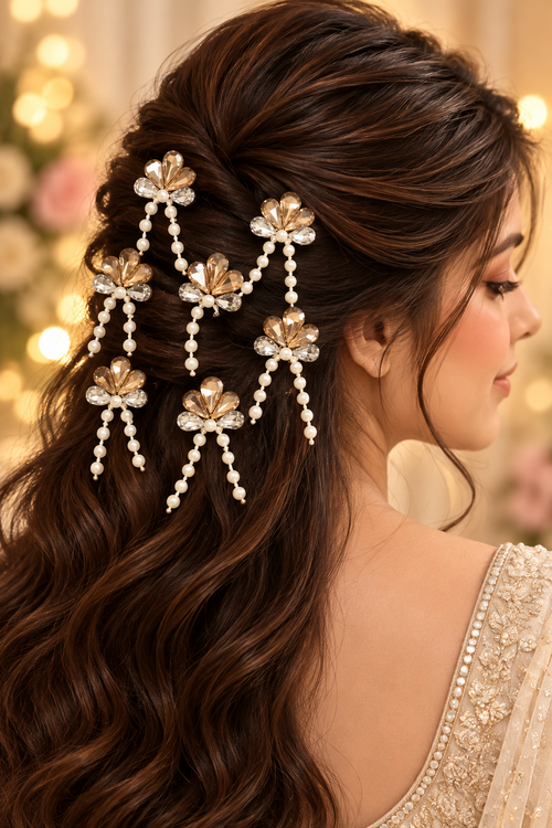 Champagne crystal pearl floral hair stickers worn in hair