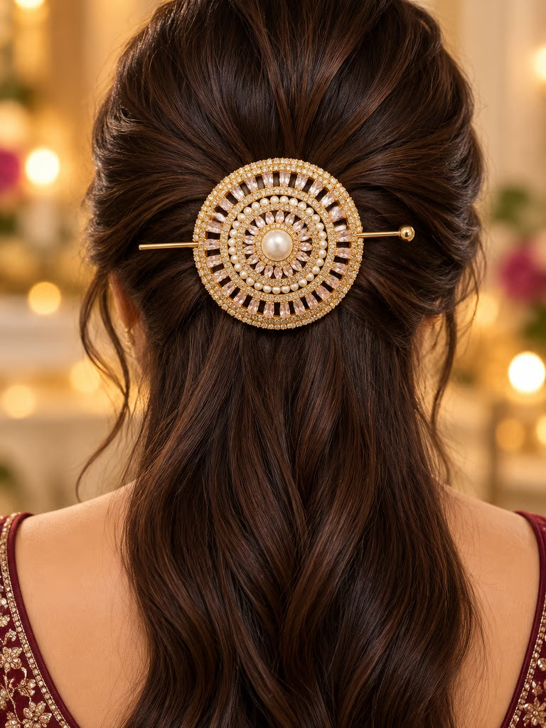 Circular kundan and pearl gold-tone bridal hair pin styled in a bun