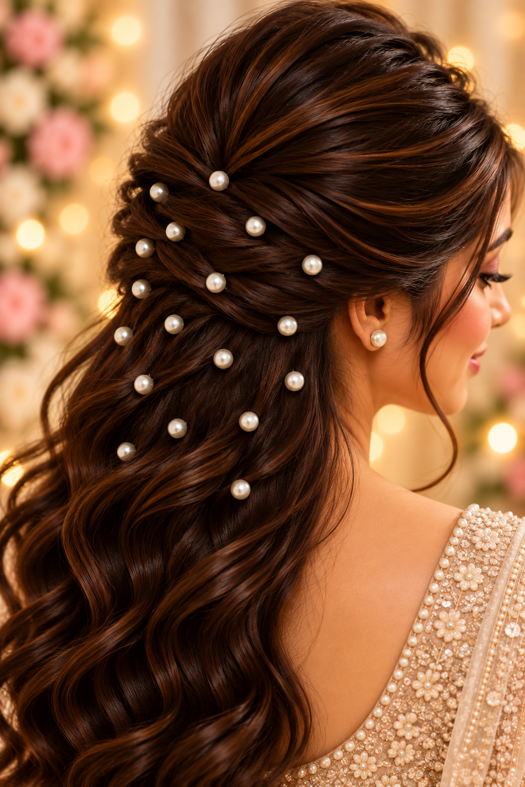 Classic pearl hair stickers styled in hair