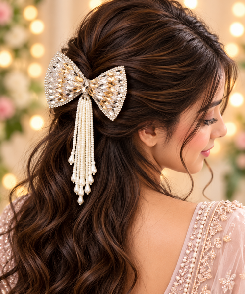 Crystal bow hair clip with pearl tassels styled in long brunette hair