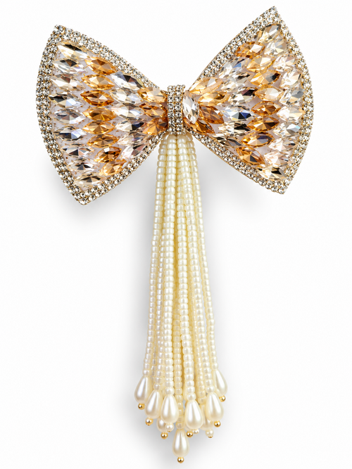 Gold and crystal bow hair clip with cascading pearl tassels