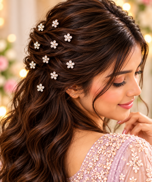Small crystal flower hair stickers styled through bridal hair