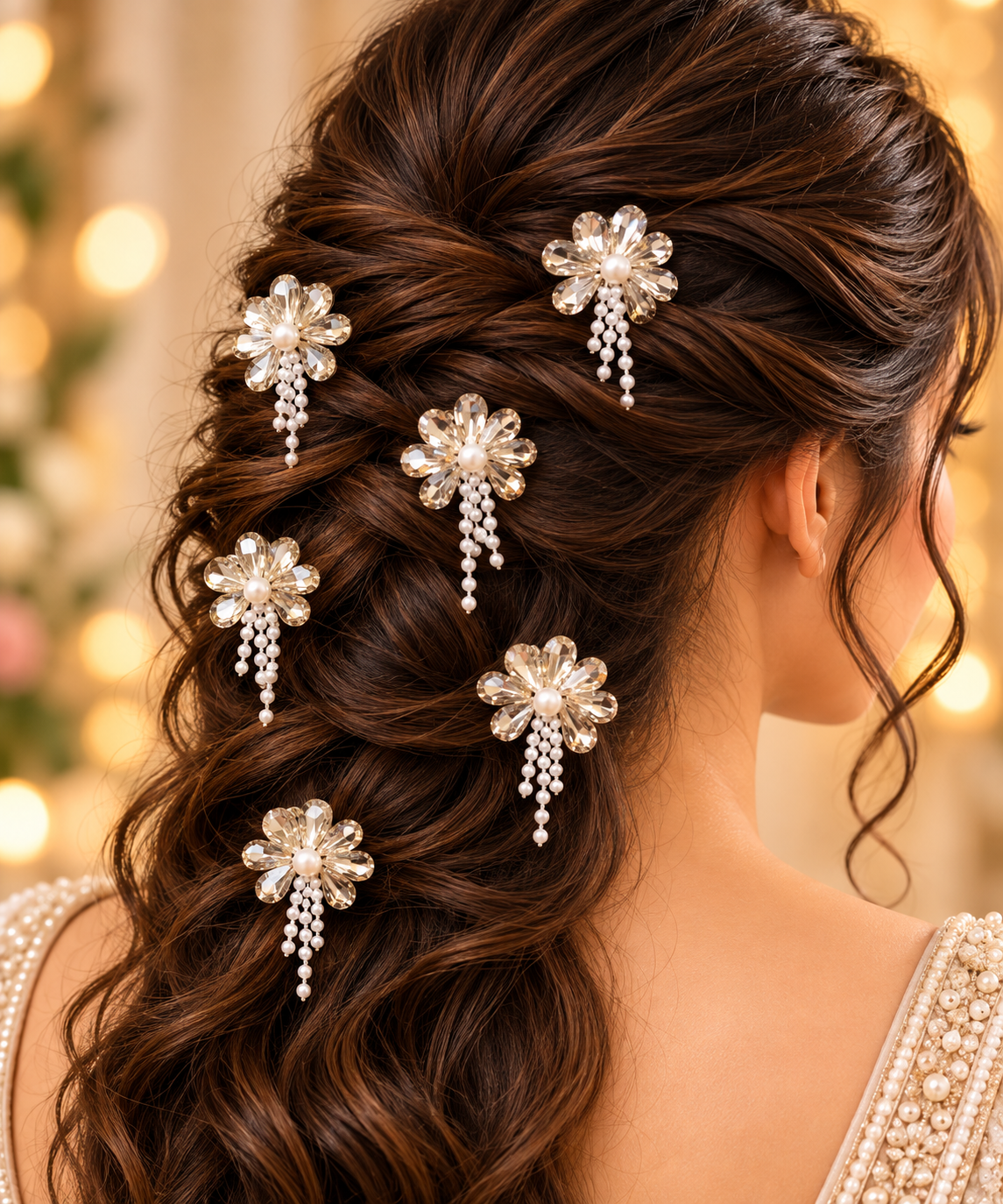 Crystal flower hair stickers with pearl centres styled in long wavy hair