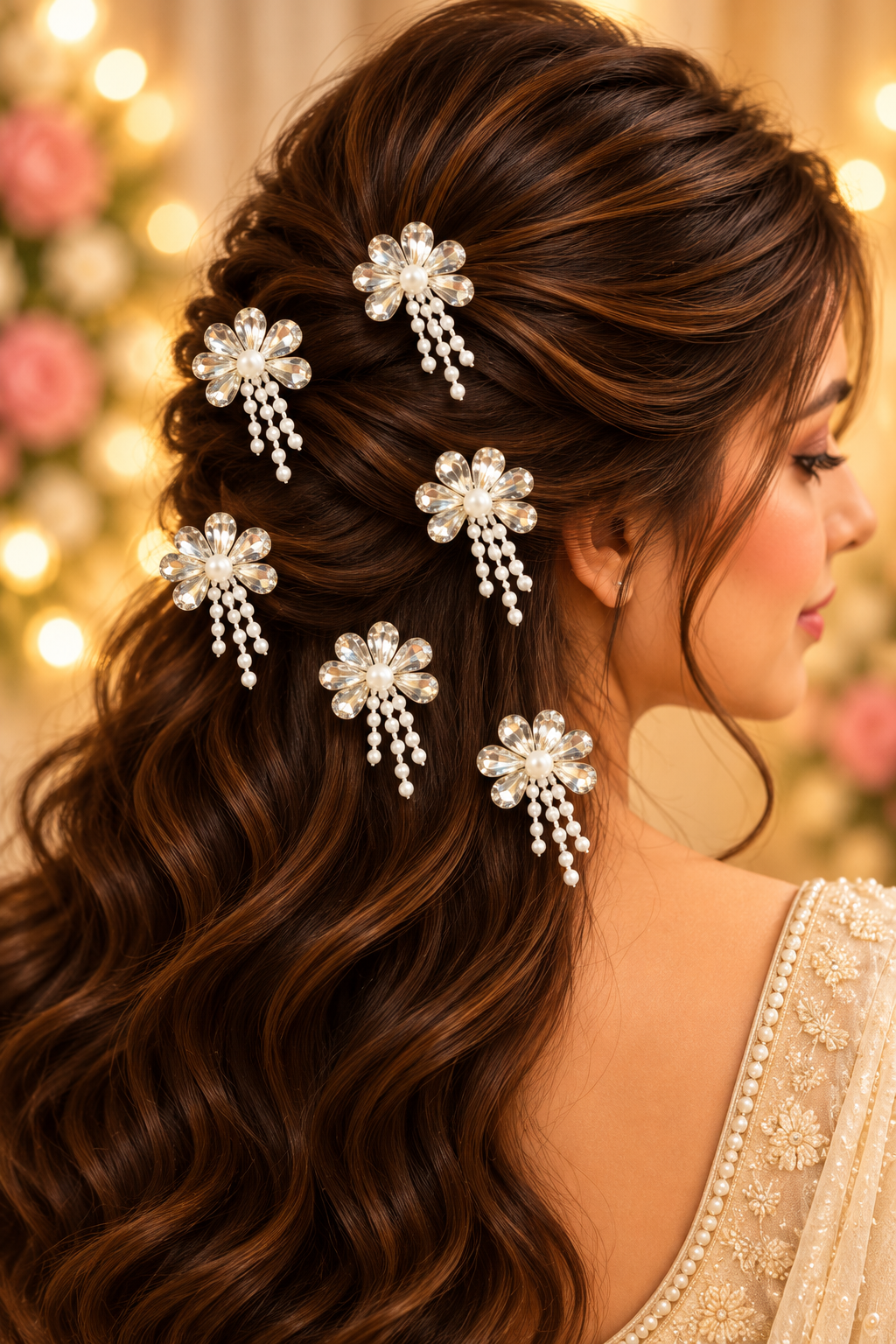 Crystal pearl flower hair stickers styled in bridal hair