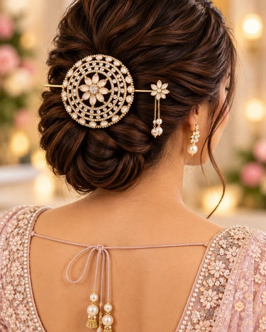 Floral gold-plated juda hair pin with pearl and stone details, styled in a bridal bun