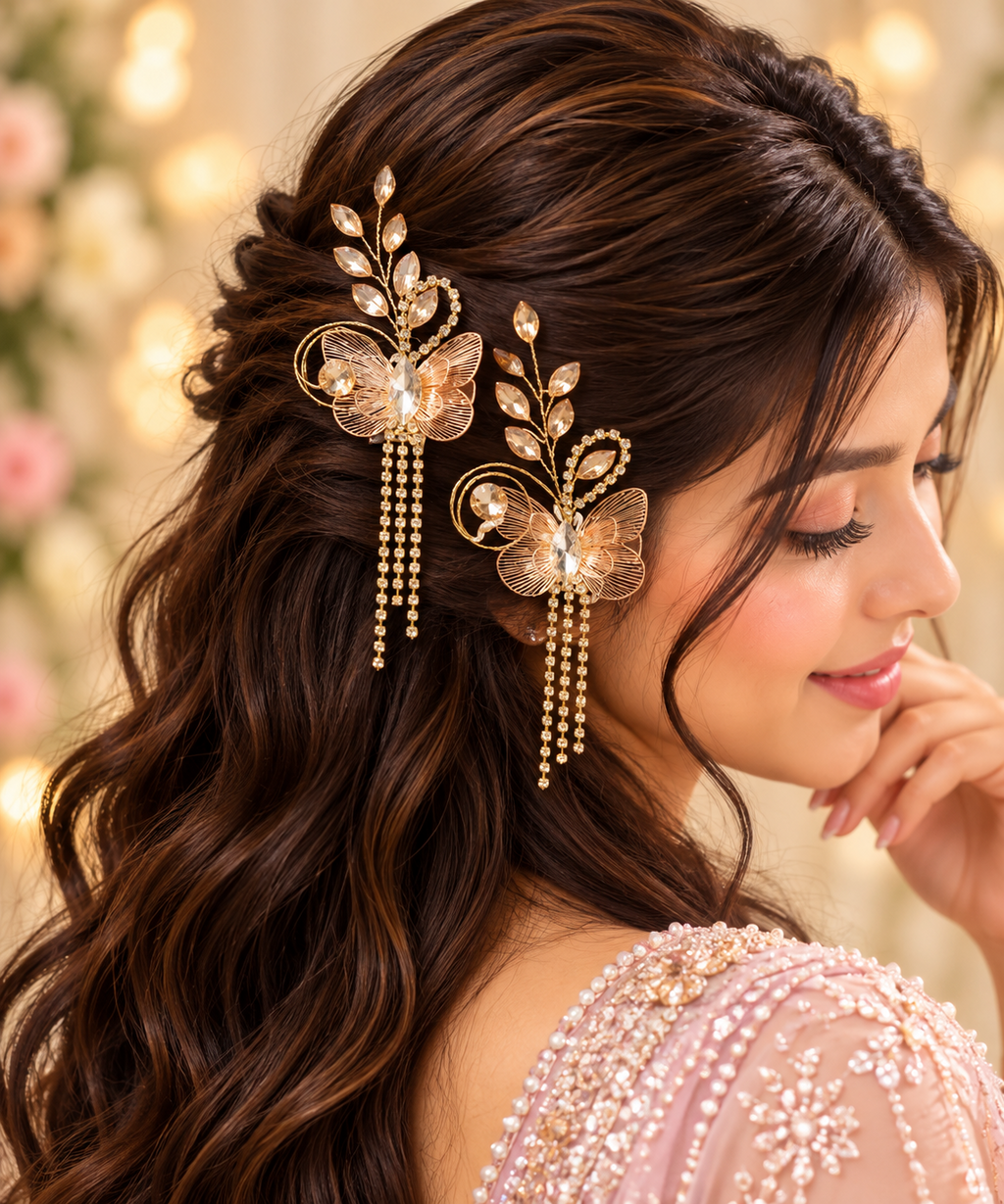 Gold butterfly crystal hair clips styled in brunette hair