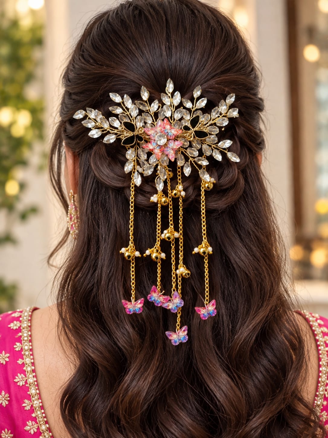Gold-tone bridal hair ornament with clear crystal leaves, a pink floral centre and dangling butterfly chains