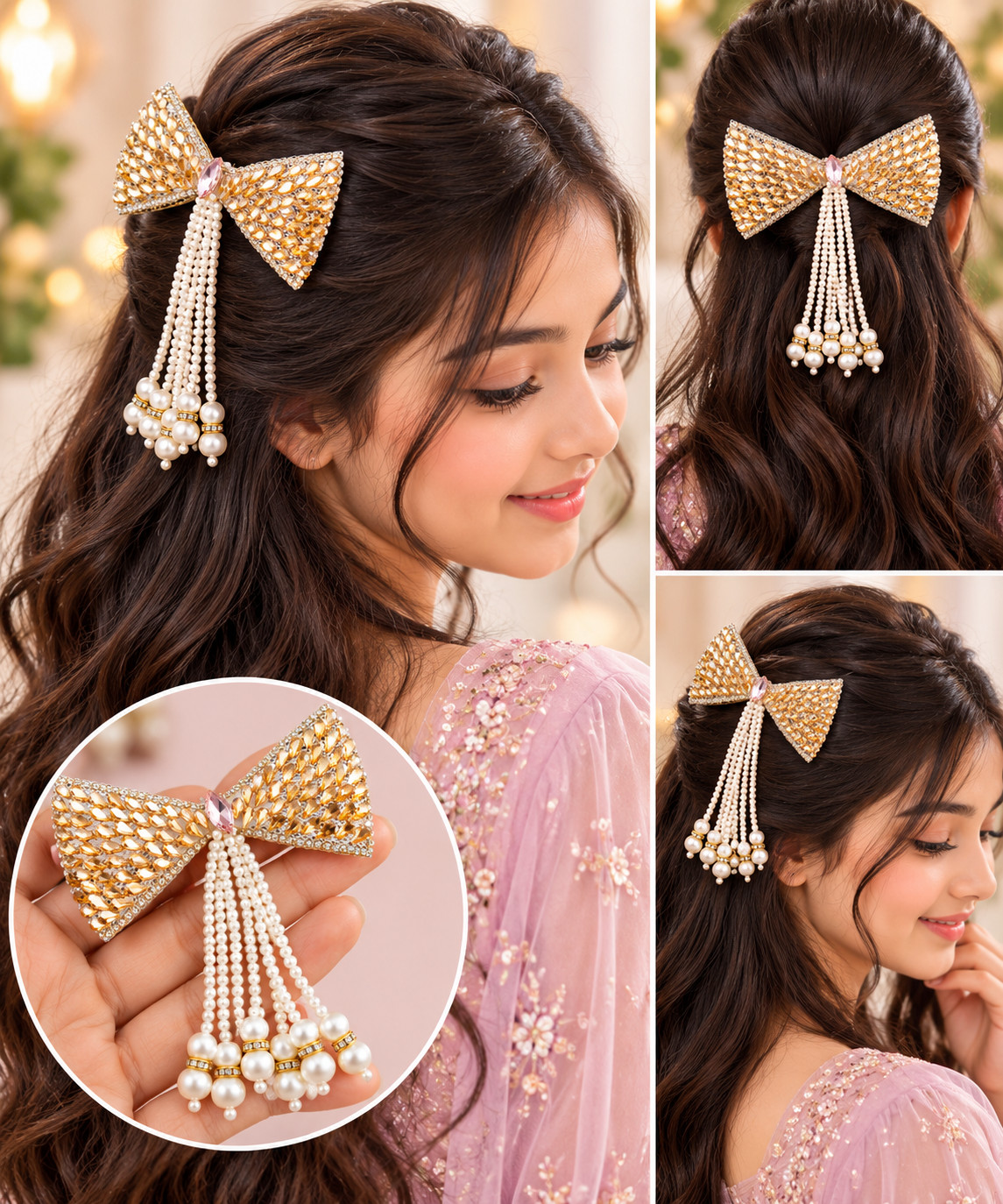 Jeweled gold bow hair clip styled in a long hairstyle, with close-up product views