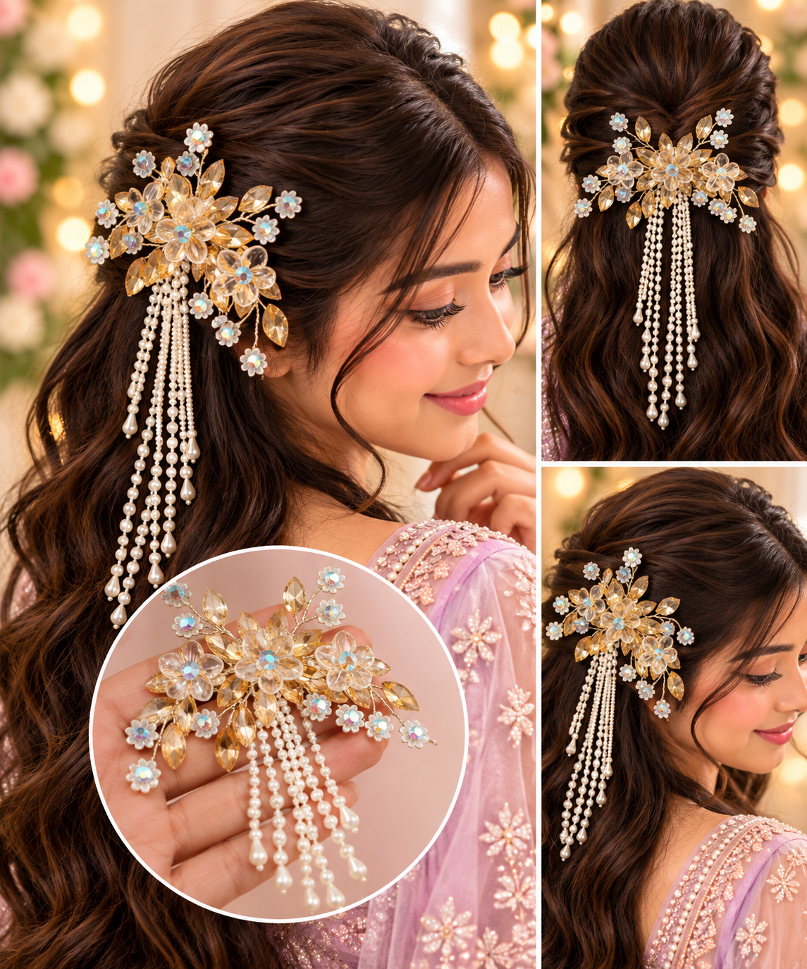 Gold floral crystal hair clip with long pearl tassels styled in brunette hair