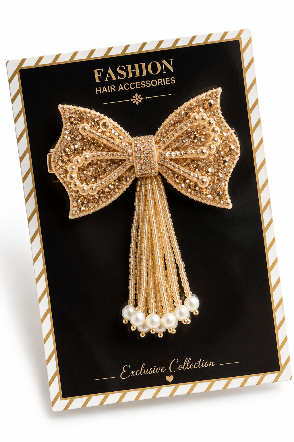 Gold crystal pearl tassel bow hair clip on product card