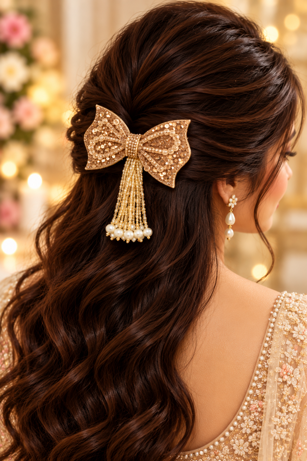 Gold crystal pearl tassel bow hair clip styled in hair