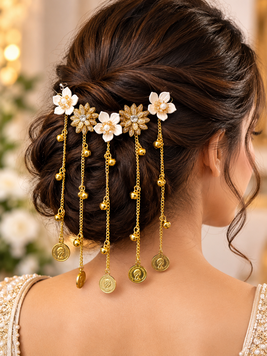 Ivory flower and gold chain hair ornament set styled in an elegant bridal bun
