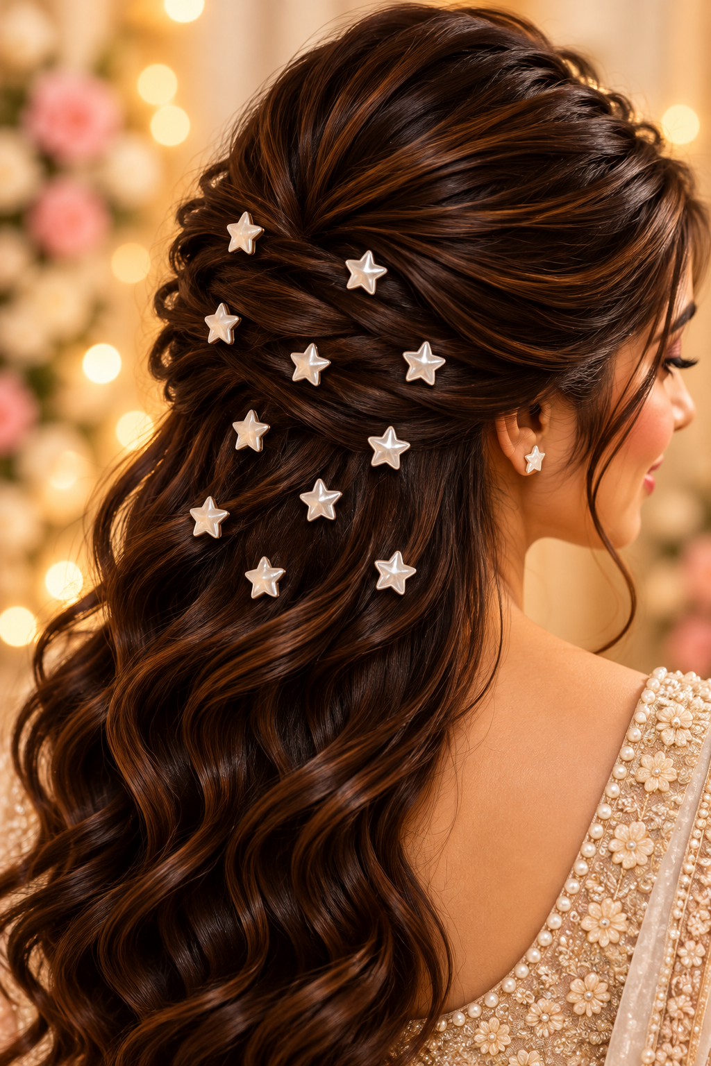 Ivory pearl star hair stickers styled in hair