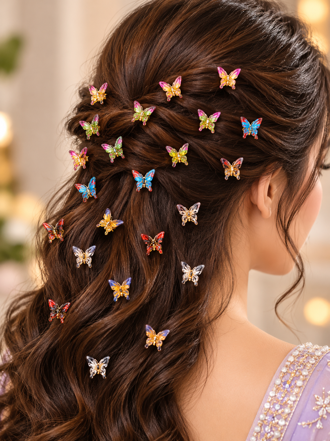 Colourful butterfly hair stickers styled across a braided hairstyle