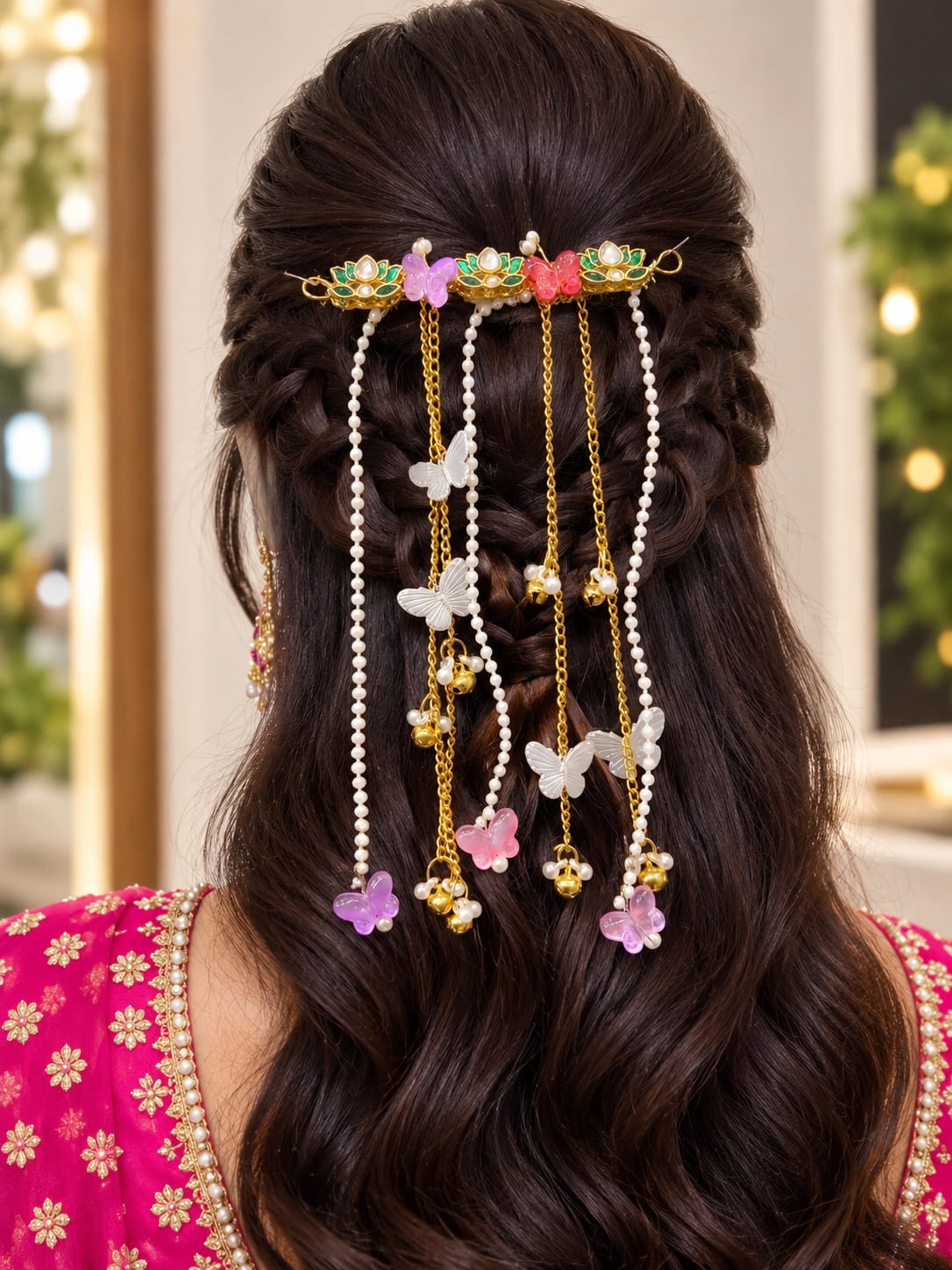 Bridal hair ornament with colourful butterfly accents, pearl strands and gold-tone dangling chains