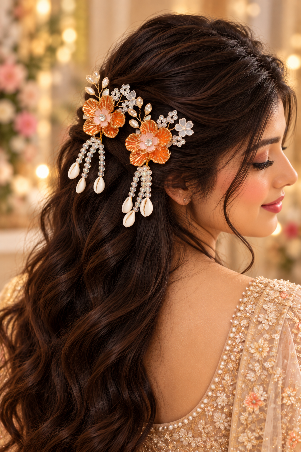 Orange floral crystal hair clip styled in hair