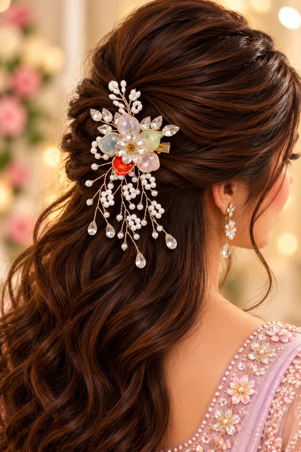 Ornate bridal floral hair clip styled in hair