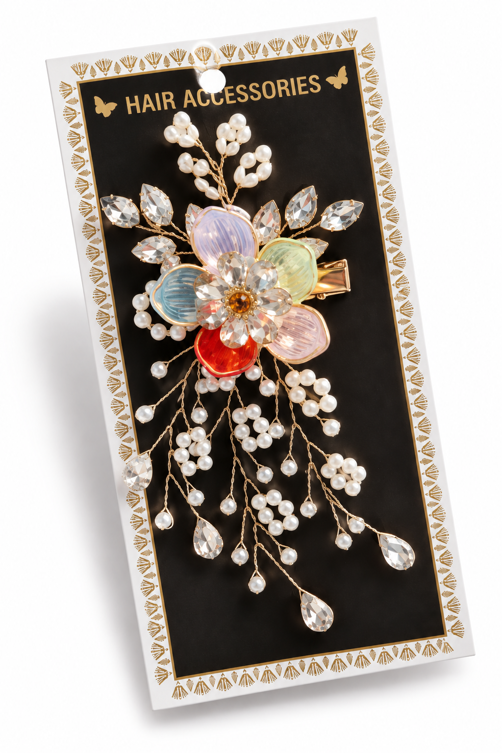 Ornate iridescent floral bridal hair clip product card