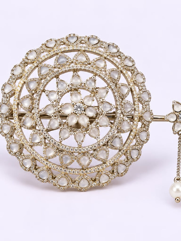 Ornate kundan and pearl mandala gold-plated juda pin with matching pearl tassel hair stick