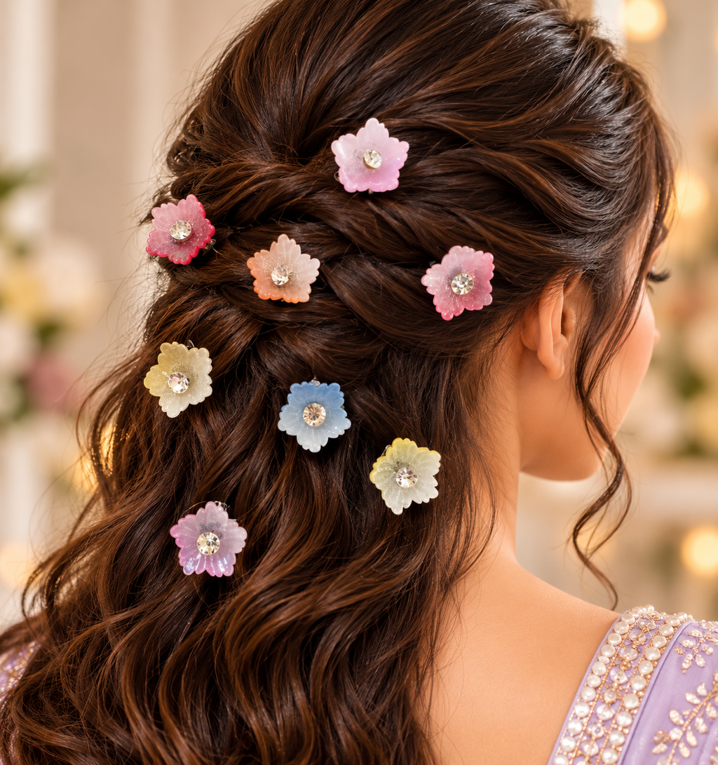 Pastel multicolour flower hair stickers styled in a woman's braided hairstyle