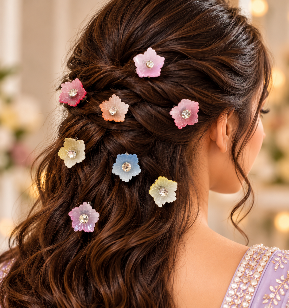 Pastel multicolour flower hair stickers styled in a woman's braided hairstyle