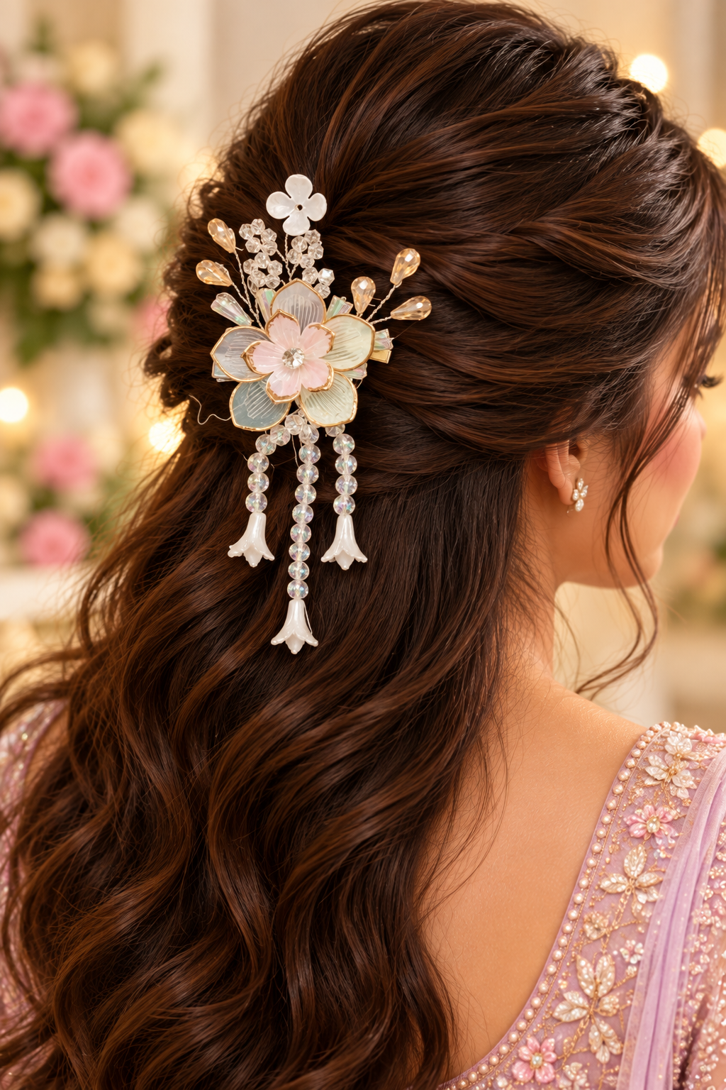 Pastel floral bridal hair clip styled in hair
