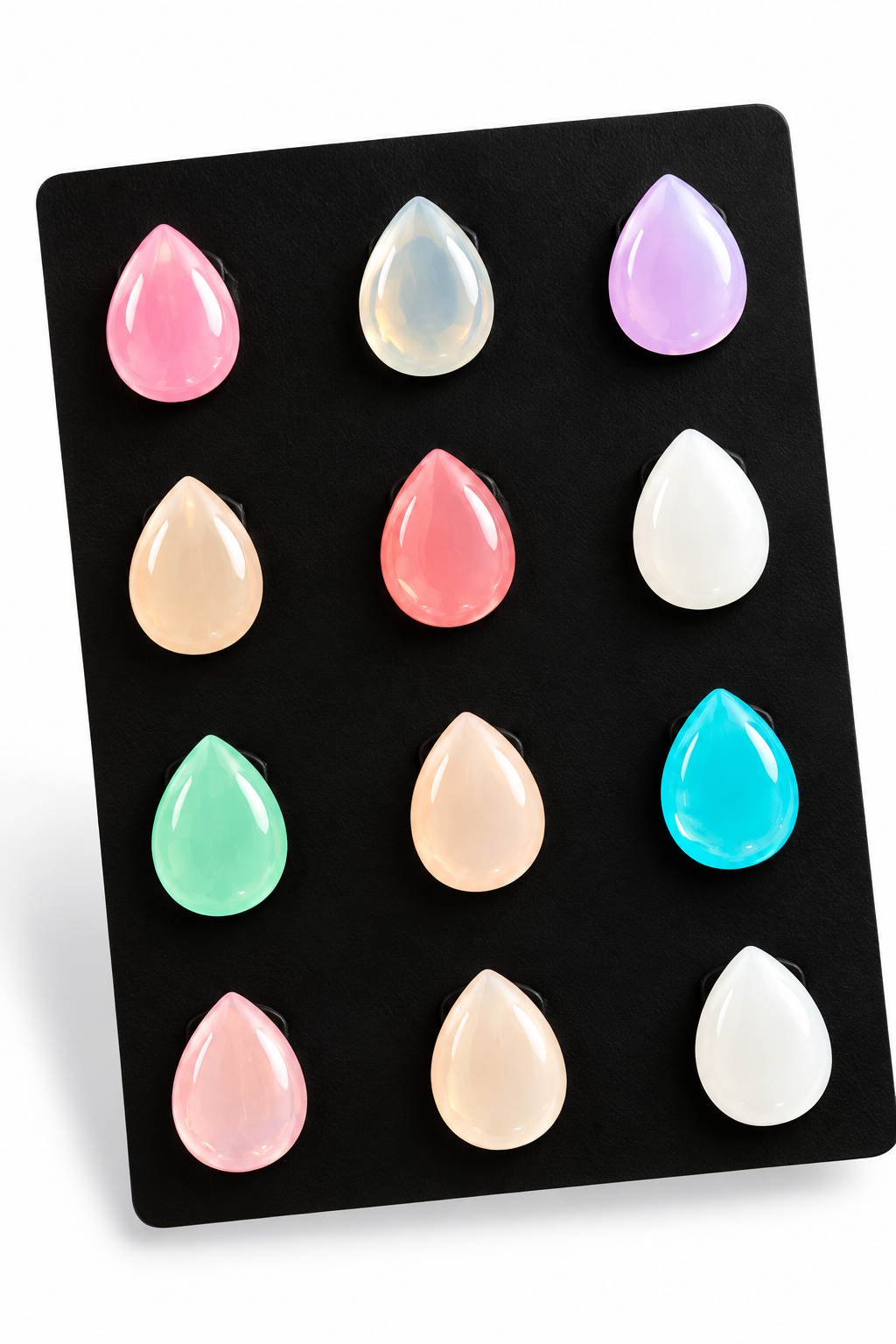 Pastel glossy teardrop gem hair stickers on black display card