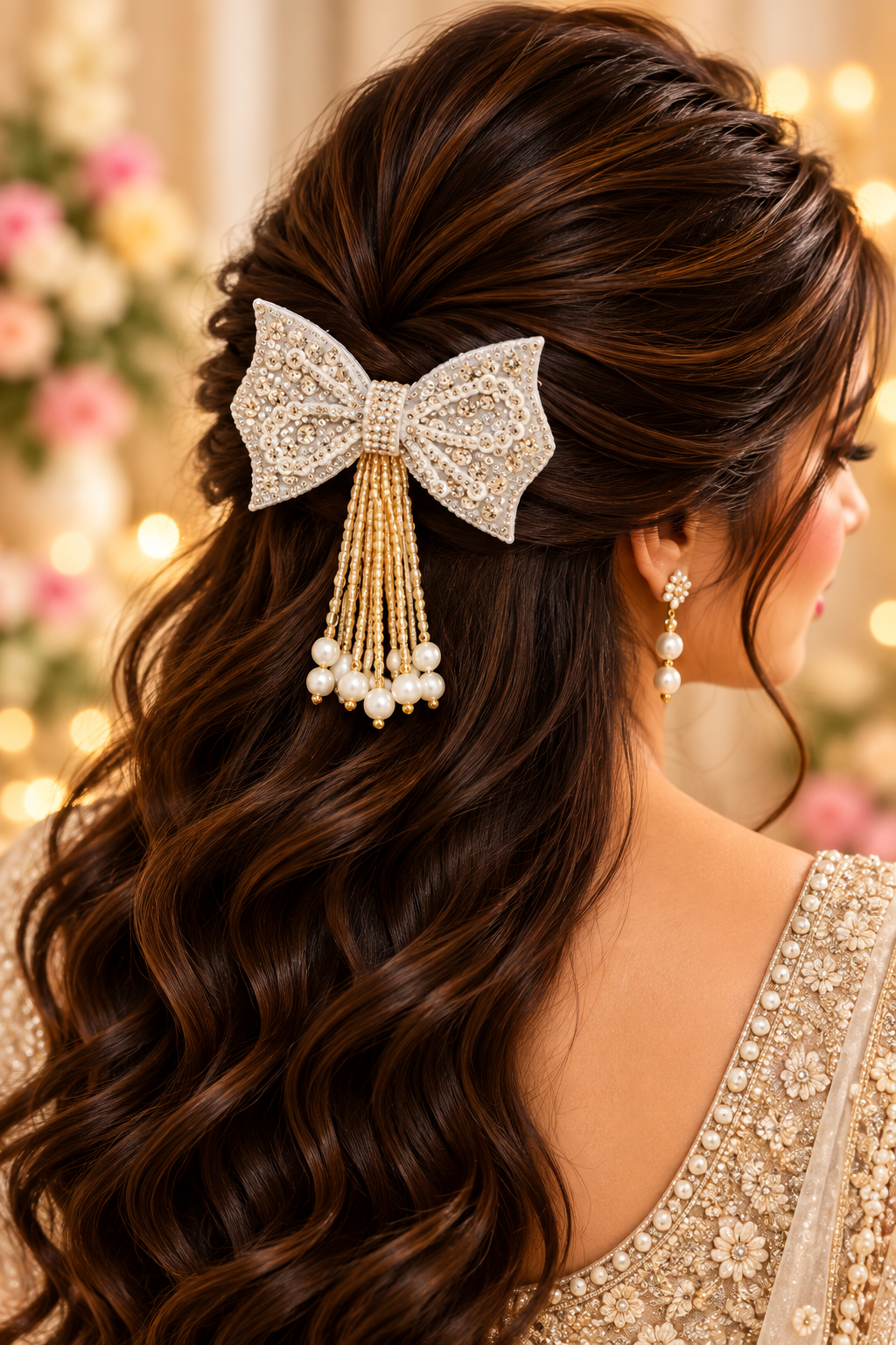Pearl crystal bridal bow hair clip styled in hair