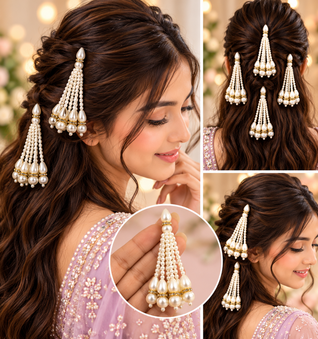 Pearl tassel bridal hair sticker styled in a hairstyle