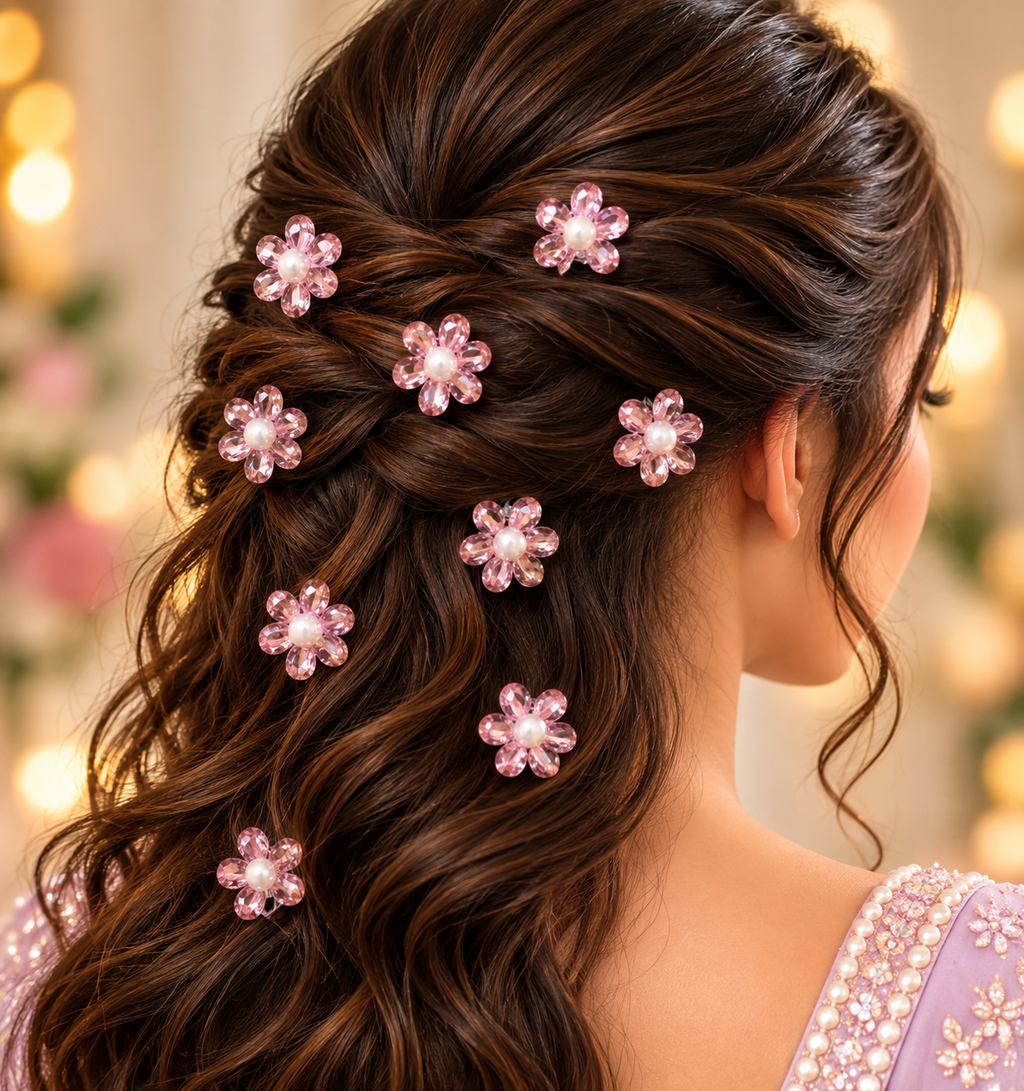 Pink crystal flower hair stickers with pearl-look centres styled in a woman's hairstyle