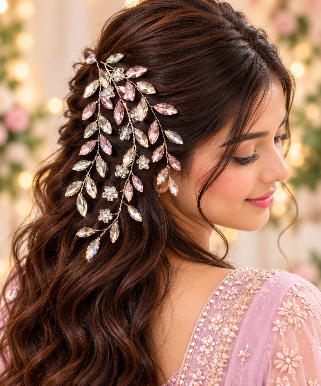 Pink and champagne crystal tiara hair vine styled in an elegant bridal hairstyle