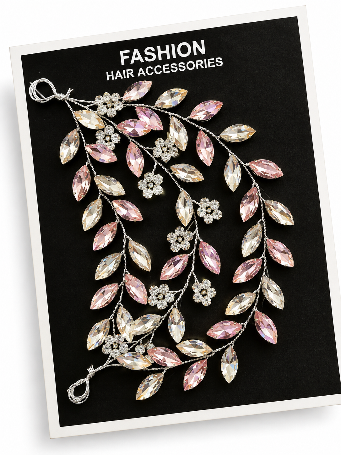 Pink and champagne crystal tiara hair vine on display card