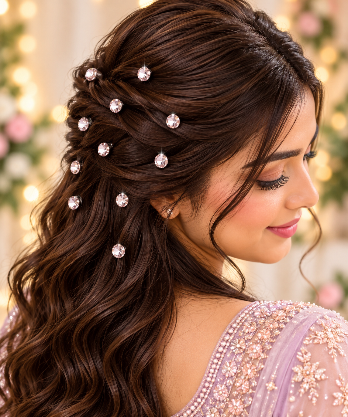 Pink round rhinestone hair stickers styled through brunette hair