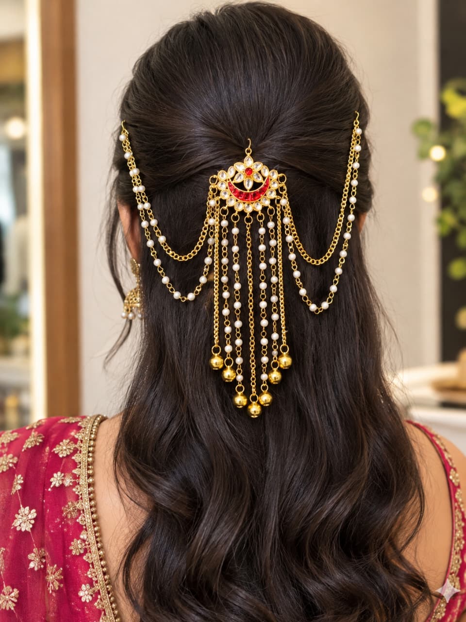 Gold-tone bridal hair ornament with red central motif, pearl strands and cascading gold chains