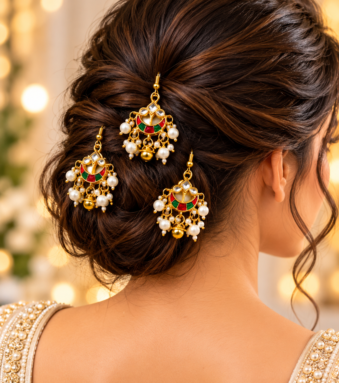 Gold-tone red and green pearl hair ornaments styled in an elegant bridal bun