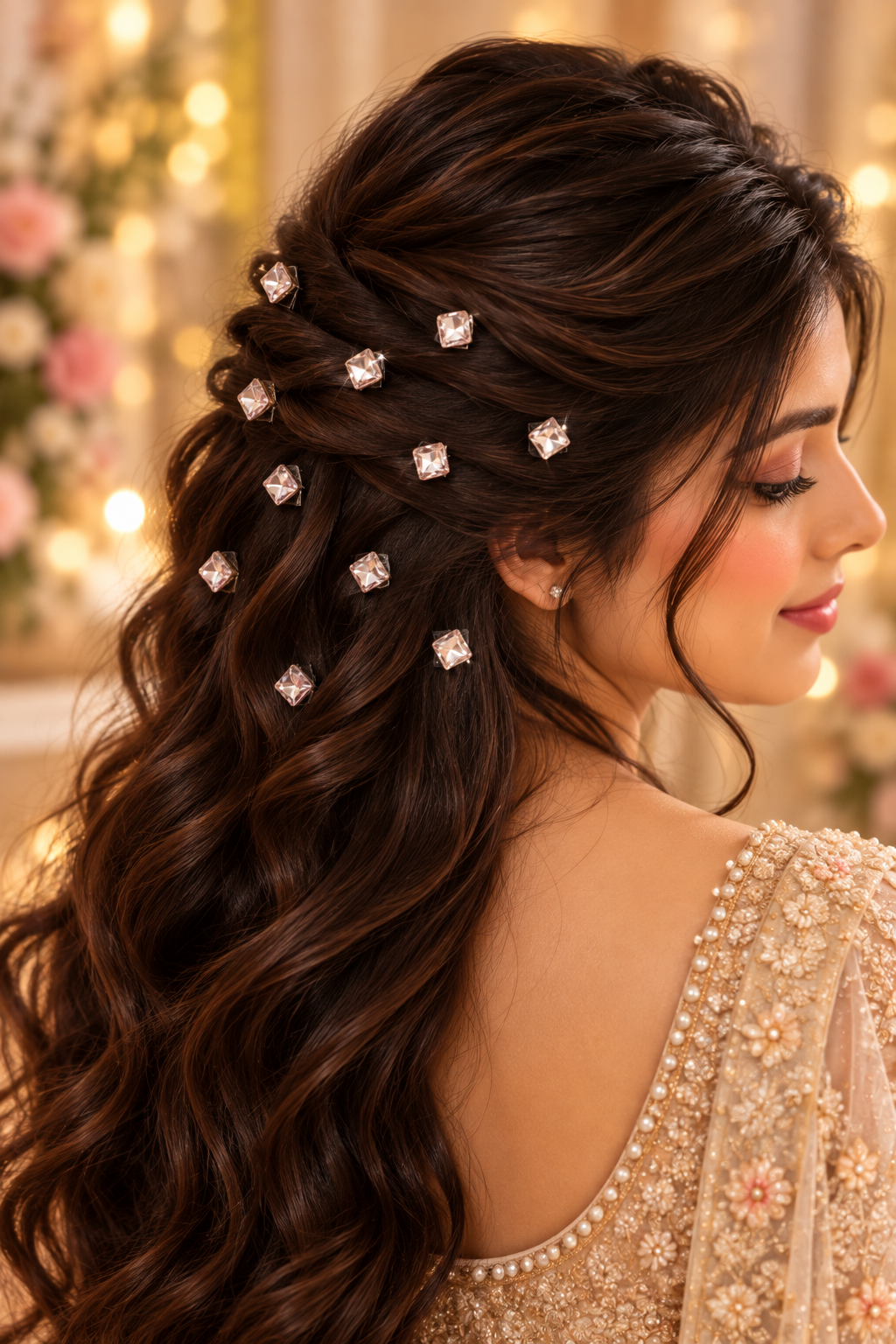 Rose crystal square hair stickers styled in hair