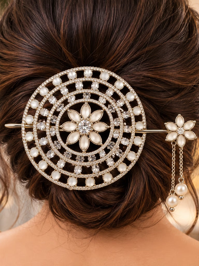 Royal kundan and pearl circular bridal hair pin with matching floral pearl tassel hair stick