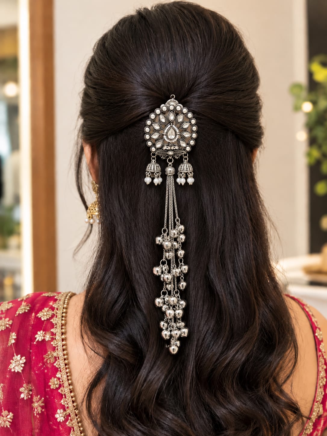 Premium silver-tone bridal hair chain with pearl stones and dangling charms