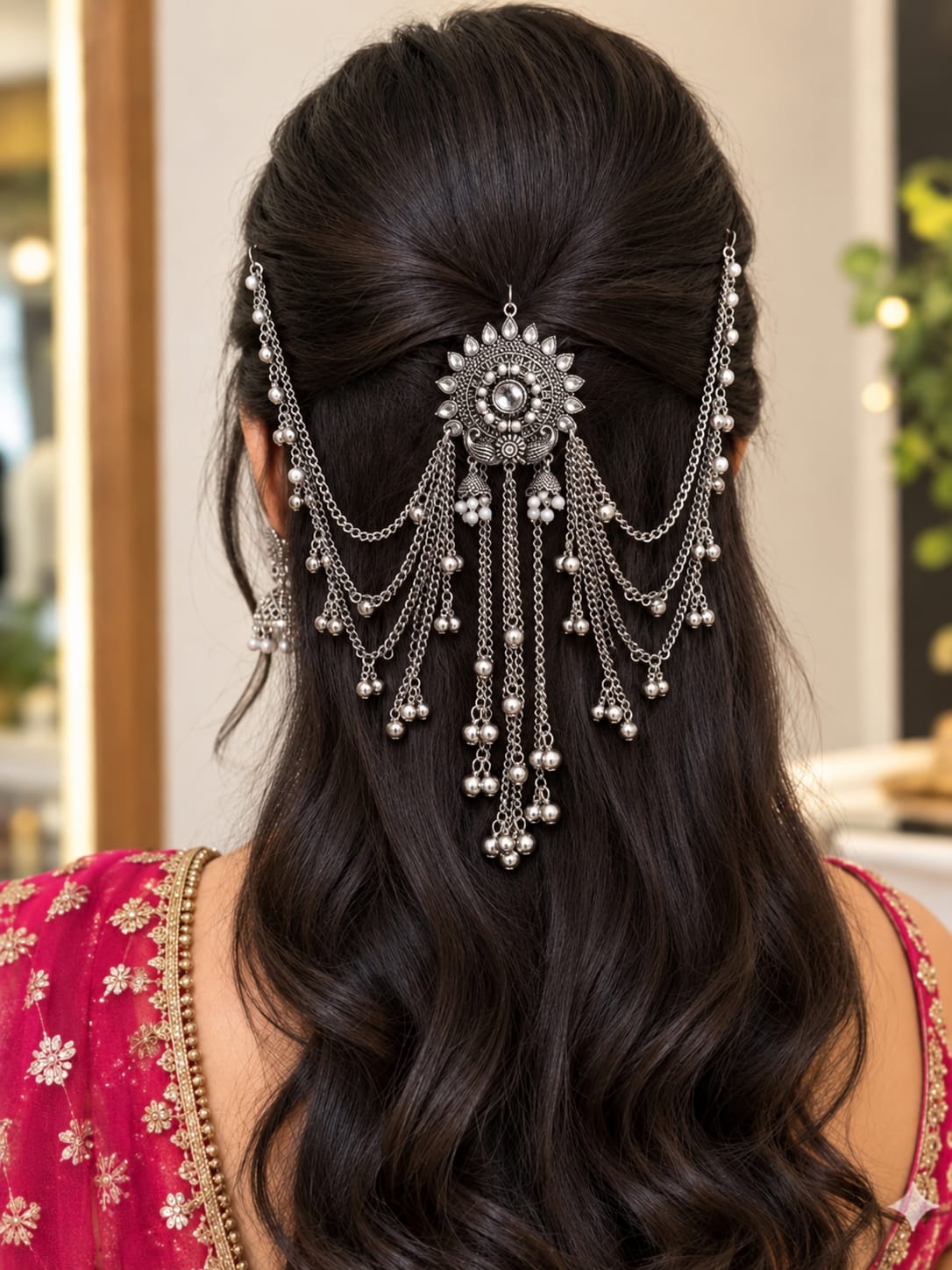Silver-tone bridal hair ornament with pearl accents, ornamental center and cascading chain details